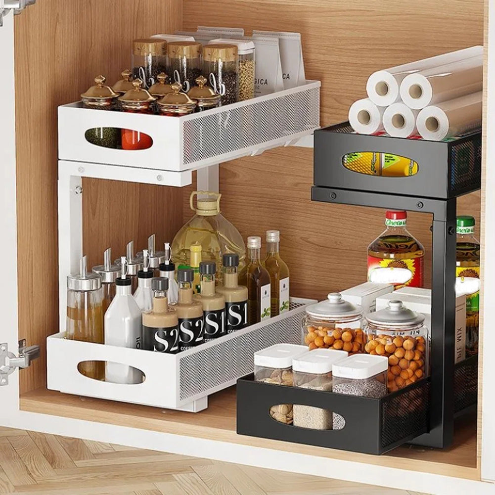 Garvee Organizer sottolavello a 2 ripiani per mobile da cucina con cassetto estraibile, altezza regolabile, metallo, nero