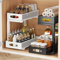 Garvee Organizer sottolavello a 2 ripiani per mobile da cucina con cassetto estraibile, altezza regolabile, metallo, nero