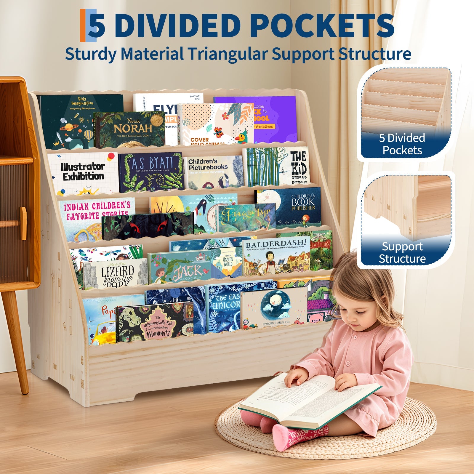 Libreria per bambini Garvee, 5 ripiani, in legno con protezione antiribaltamento, per sala giochi e soggiorno, adatta ai bambini, sicura, bianca