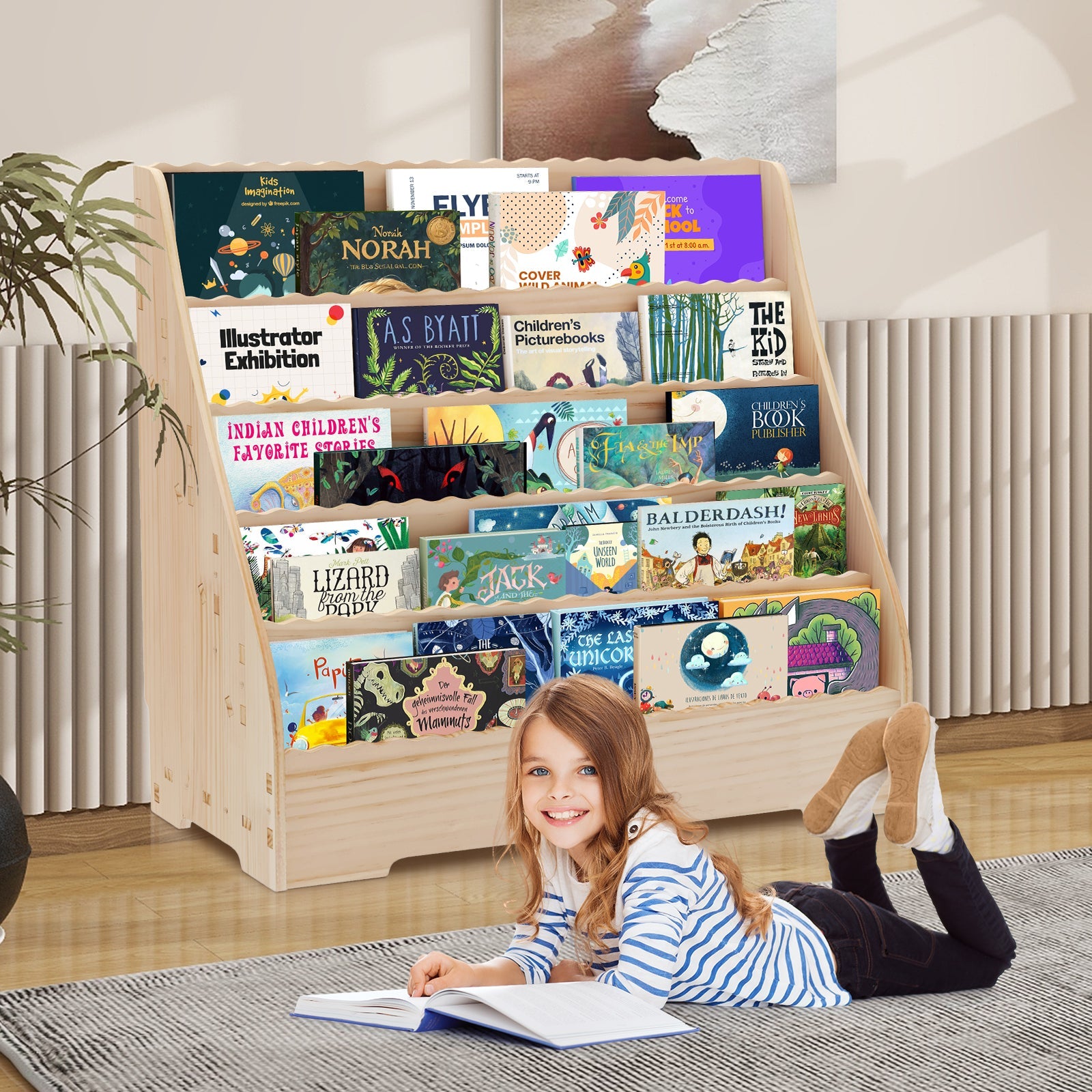 Libreria per bambini Garvee, 5 ripiani, in legno con protezione antiribaltamento, per sala giochi e soggiorno, adatta ai bambini, sicura, bianca