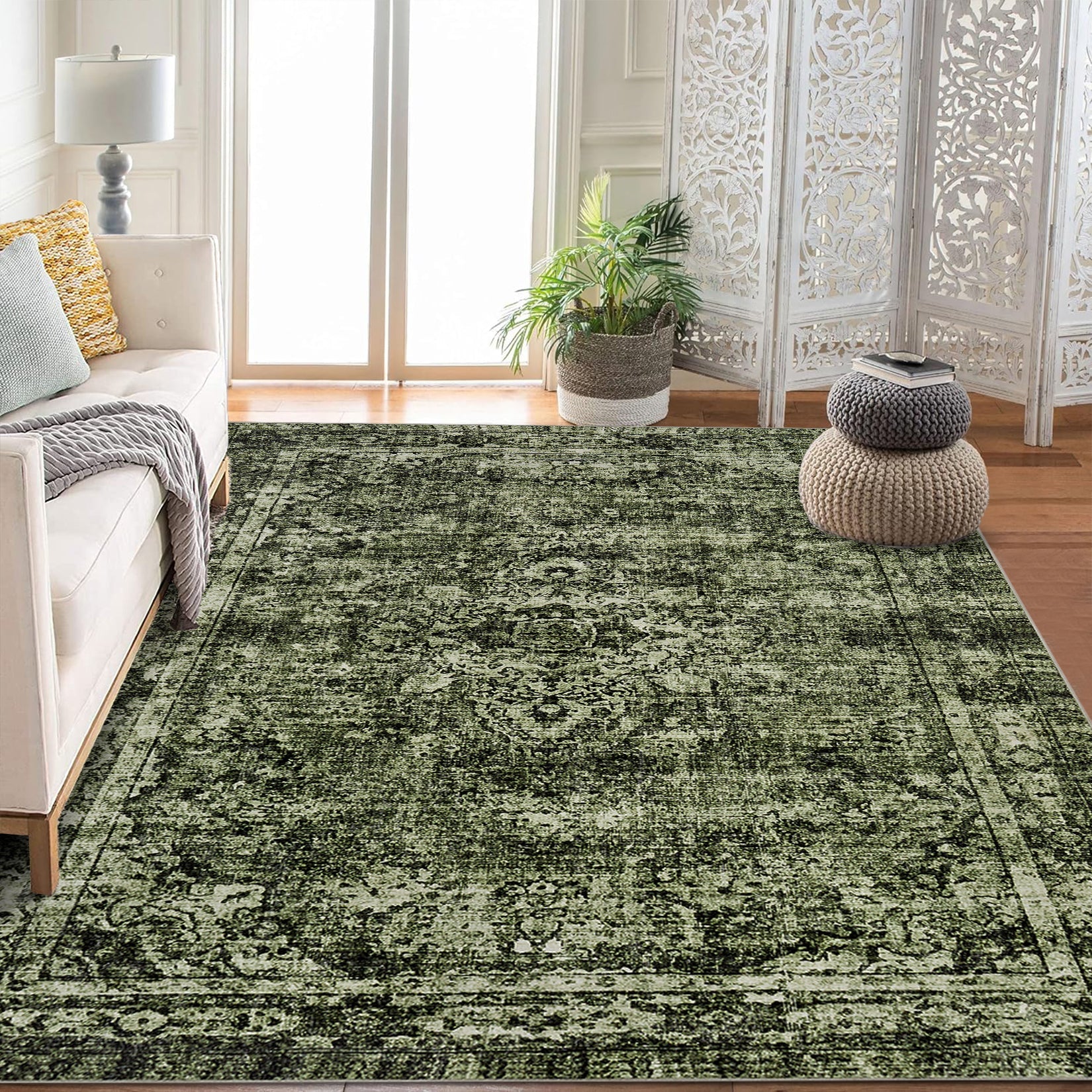 Tappeto a pelo corto Garvee verde 80x150 cm, stile boho vintage, per soggiorno, camera da letto, lavabile, antiscivolo, in poliestere, salotto moderno
