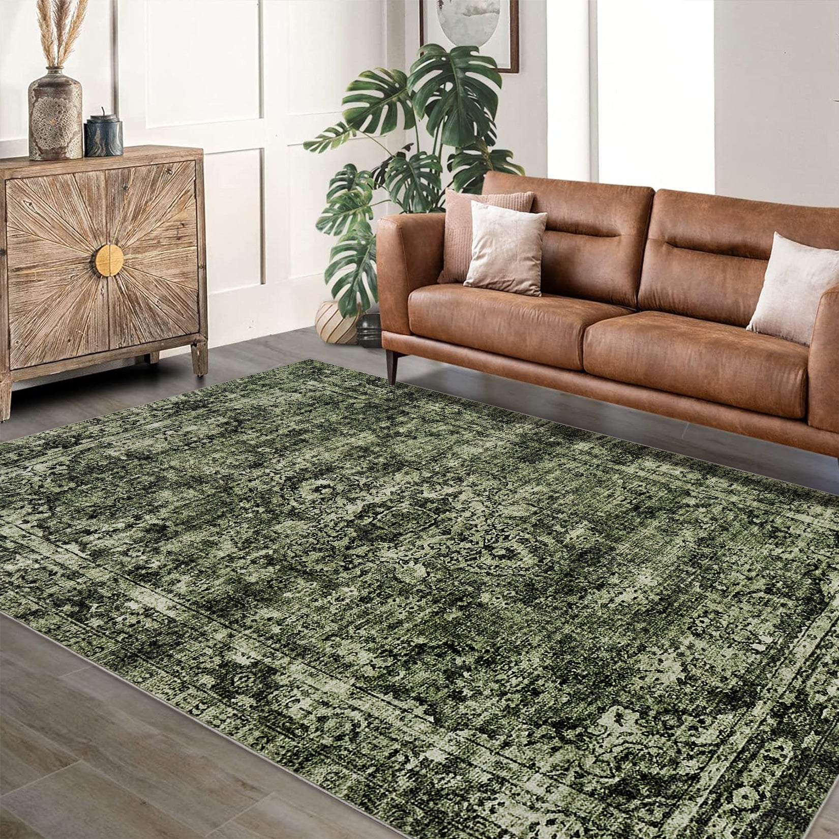 Tappeto a pelo corto Garvee verde 80x150 cm, stile boho vintage, per soggiorno, camera da letto, lavabile, antiscivolo, in poliestere, salotto moderno