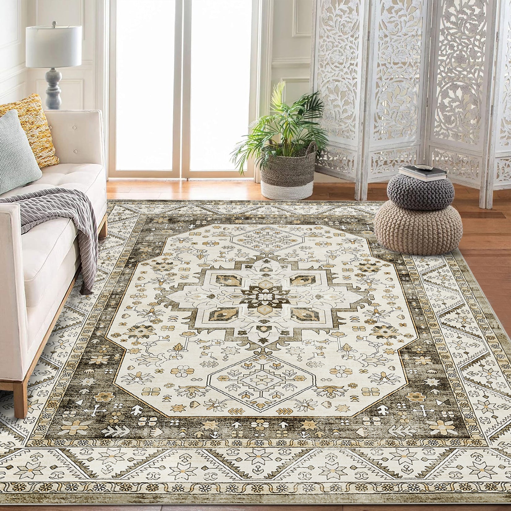 Tappeto vintage boho Garvee 80 x 150 cm, antiscivolo, lavabile, morbido, a pelo corto, per soggiorno, camera da letto, ufficio, design marocchino, finto cashmere, grigio-marrone