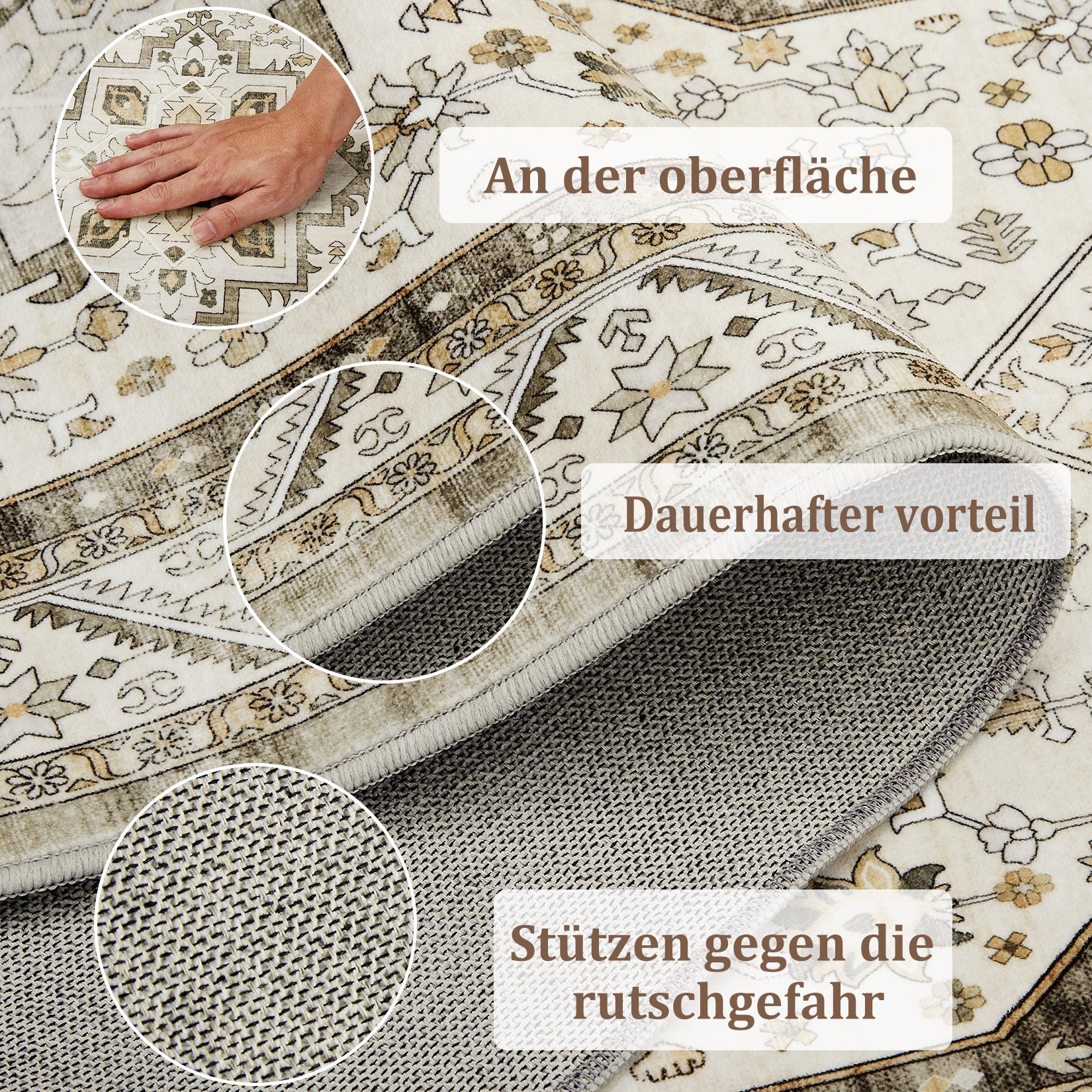 Tappeto vintage boho Garvee 80 x 150 cm, antiscivolo, lavabile, morbido, a pelo corto, per soggiorno, camera da letto, ufficio, design marocchino, finto cashmere, grigio-marrone
