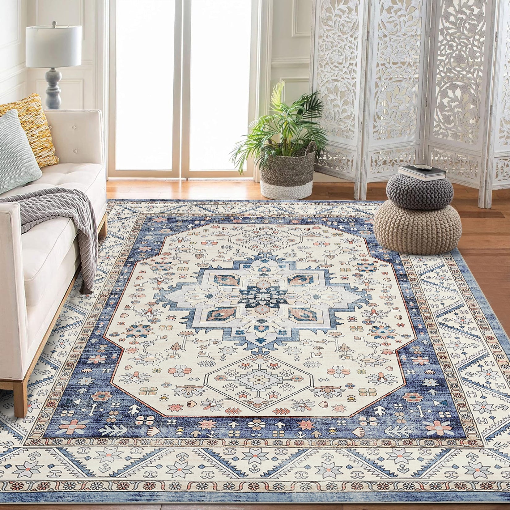 Tappeto Garvee Vintage Boho 80x150cm – Tappeto lavabile a pelo corto con supporto antiscivolo in TPR per soggiorno, camera da letto e ufficio