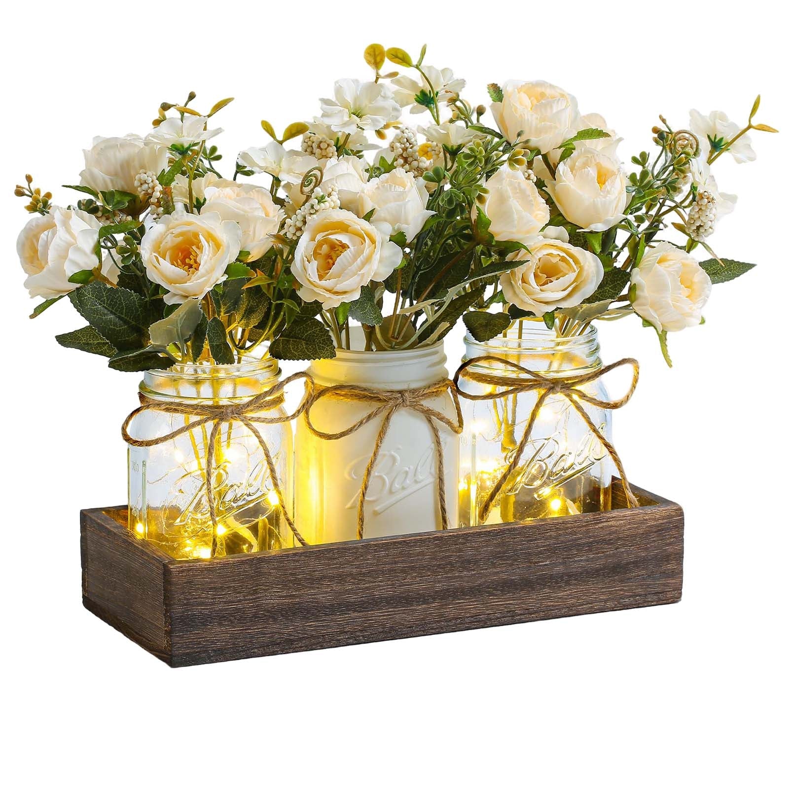 Set di 3 barattoli di vetro Garvee con fiori artificiali blu, vassoio rustico in legno, luce con timer per soggiorno e cucina, 34,3x10,9x10,9 cm, ecologico