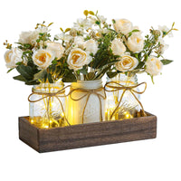 Set di 3 barattoli di vetro Garvee con fiori artificiali blu, vassoio rustico in legno, luce con timer per soggiorno e cucina, 34,3x10,9x10,9 cm, ecologico