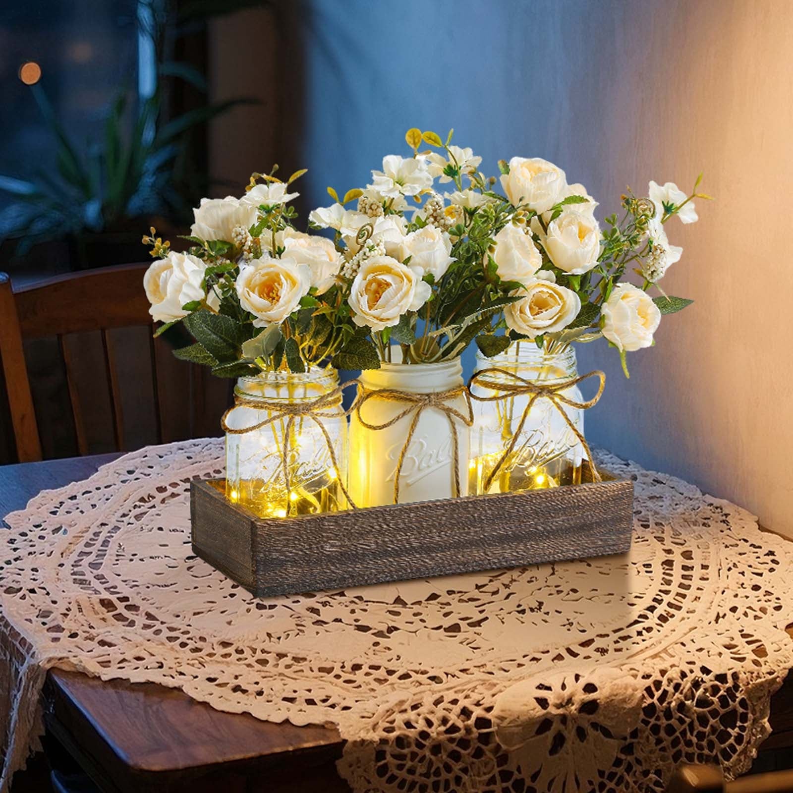 Set di 3 barattoli di vetro Garvee con fiori artificiali blu, vassoio rustico in legno, luce con timer per soggiorno e cucina, 34,3x10,9x10,9 cm, ecologico