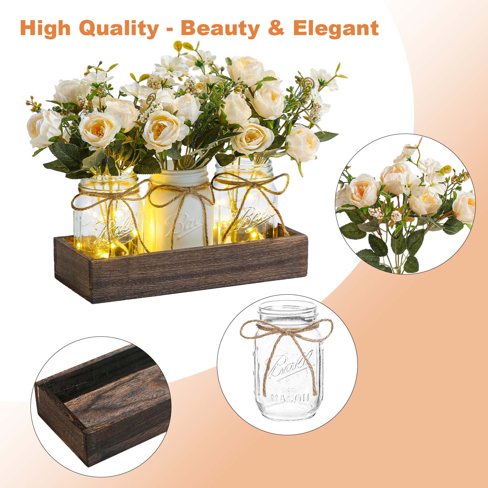 Set di 3 barattoli di vetro Garvee con fiori artificiali blu, vassoio rustico in legno, luce con timer per soggiorno e cucina, 34,3x10,9x10,9 cm, ecologico