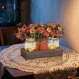 Set di 3 barattoli di vetro Garvee con fiori artificiali blu, vassoio rustico in legno, luce con timer per soggiorno e cucina, 34,3x10,9x10,9 cm, ecologico - Bianco