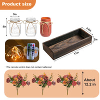 Set di 3 barattoli di vetro Garvee con fiori artificiali blu, vassoio rustico in legno, luce con timer per soggiorno e cucina, 34,3x10,9x10,9 cm, ecologico