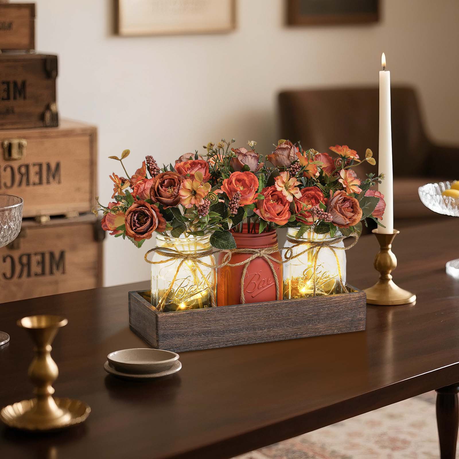 Set di 3 barattoli di vetro Garvee con fiori artificiali blu, vassoio rustico in legno, luce con timer per soggiorno e cucina, 34,3x10,9x10,9 cm, ecologico