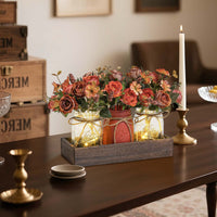 Set di 3 barattoli di vetro Garvee con fiori artificiali blu, vassoio rustico in legno, luce con timer per soggiorno e cucina, 34,3x10,9x10,9 cm, ecologico