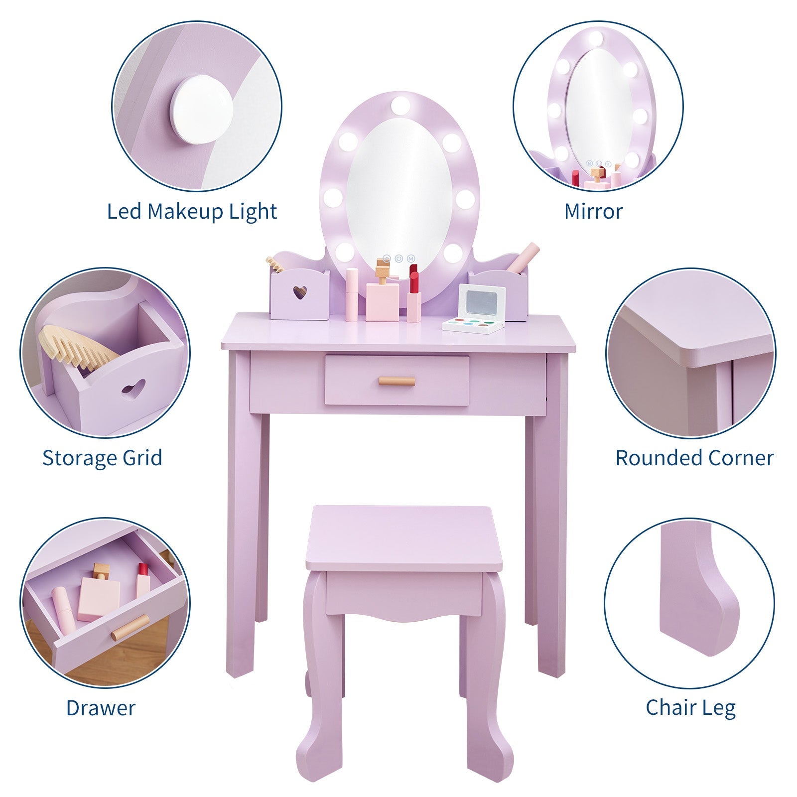 Set da toeletta per bambini Garvee con specchio illuminato, tavolo da trucco in legno, viola, sgabello incluso, per sala giochi, 37x24x12 pollici