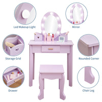 Set da toeletta per bambini Garvee con specchio illuminato, tavolo da trucco in legno, viola, sgabello incluso, per sala giochi, 37x24x12 pollici