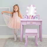 Set da toeletta per bambini Garvee con specchio illuminato, tavolo da trucco in legno, viola, sgabello incluso, per sala giochi, 37x24x12 pollici - viola