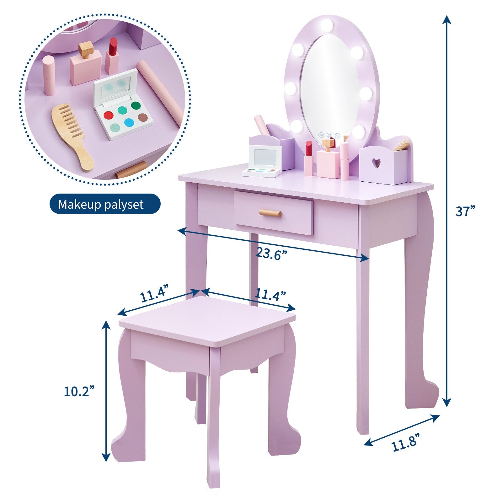 Set da toeletta per bambini Garvee con specchio illuminato, tavolo da trucco in legno, viola, sgabello incluso, per sala giochi, 37x24x12 pollici