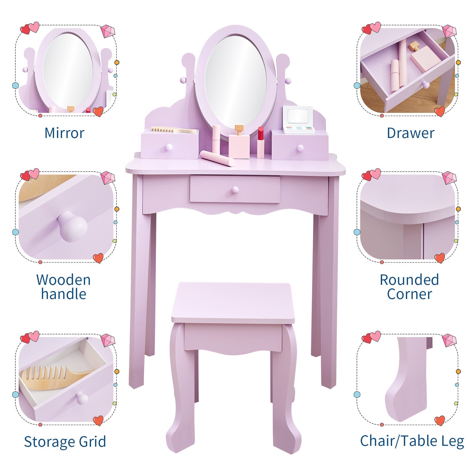 Set da toeletta per bambini Garvee con specchio regolabile, MDF robusto, viola, per bambine dai 3 agli 8 anni, sala giochi