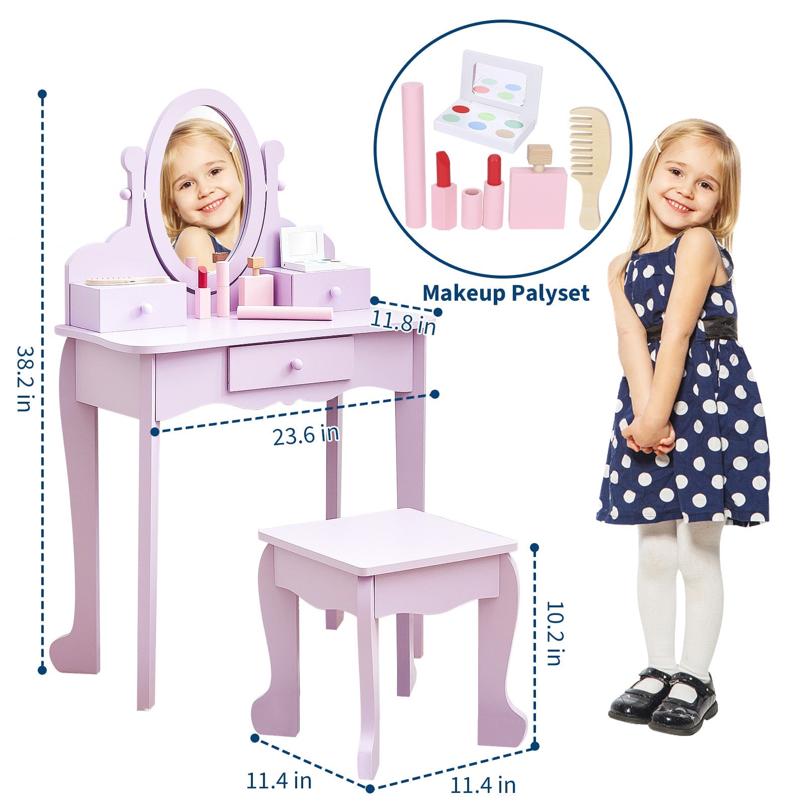 Set da toeletta per bambini Garvee con specchio regolabile, MDF robusto, viola, per bambine dai 3 agli 8 anni, sala giochi