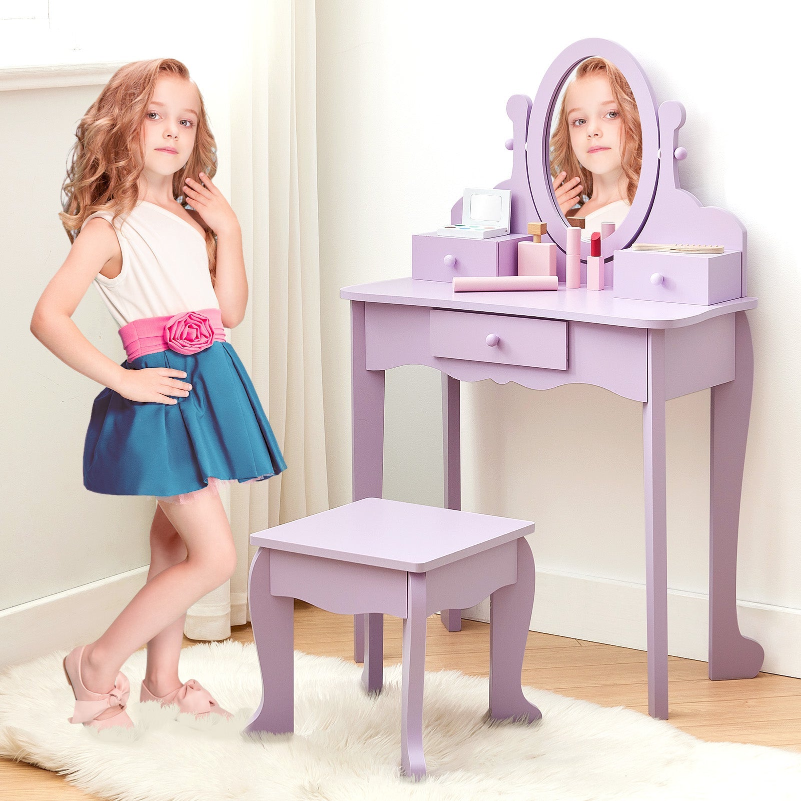 Set da toeletta per bambini Garvee con specchio regolabile, MDF robusto, viola, per bambine dai 3 agli 8 anni, sala giochi