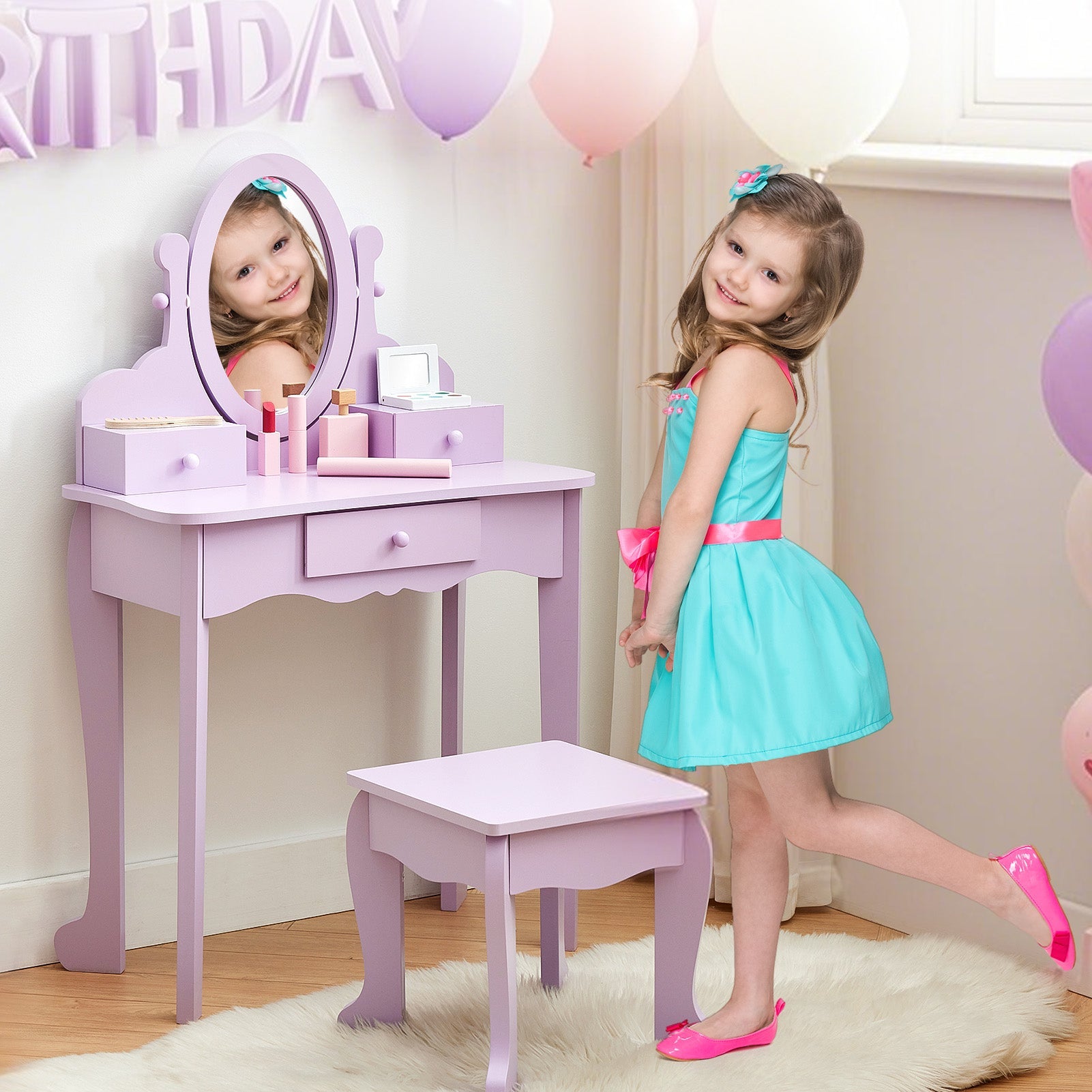 Set da toeletta per bambini Garvee con specchio regolabile, MDF robusto, viola, per bambine dai 3 agli 8 anni, sala giochi