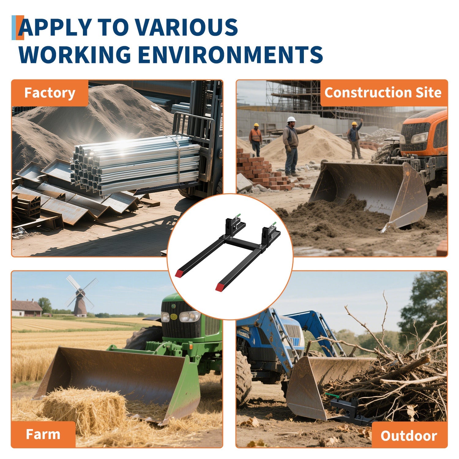 Forche per pallet Garvee da 43 pollici con capacità di carico di 2000 libbre, barra stabilizzatrice regolabile, ghisa per trattori e pale gommate, agricoltura ed edilizia, attacco rapido, nero