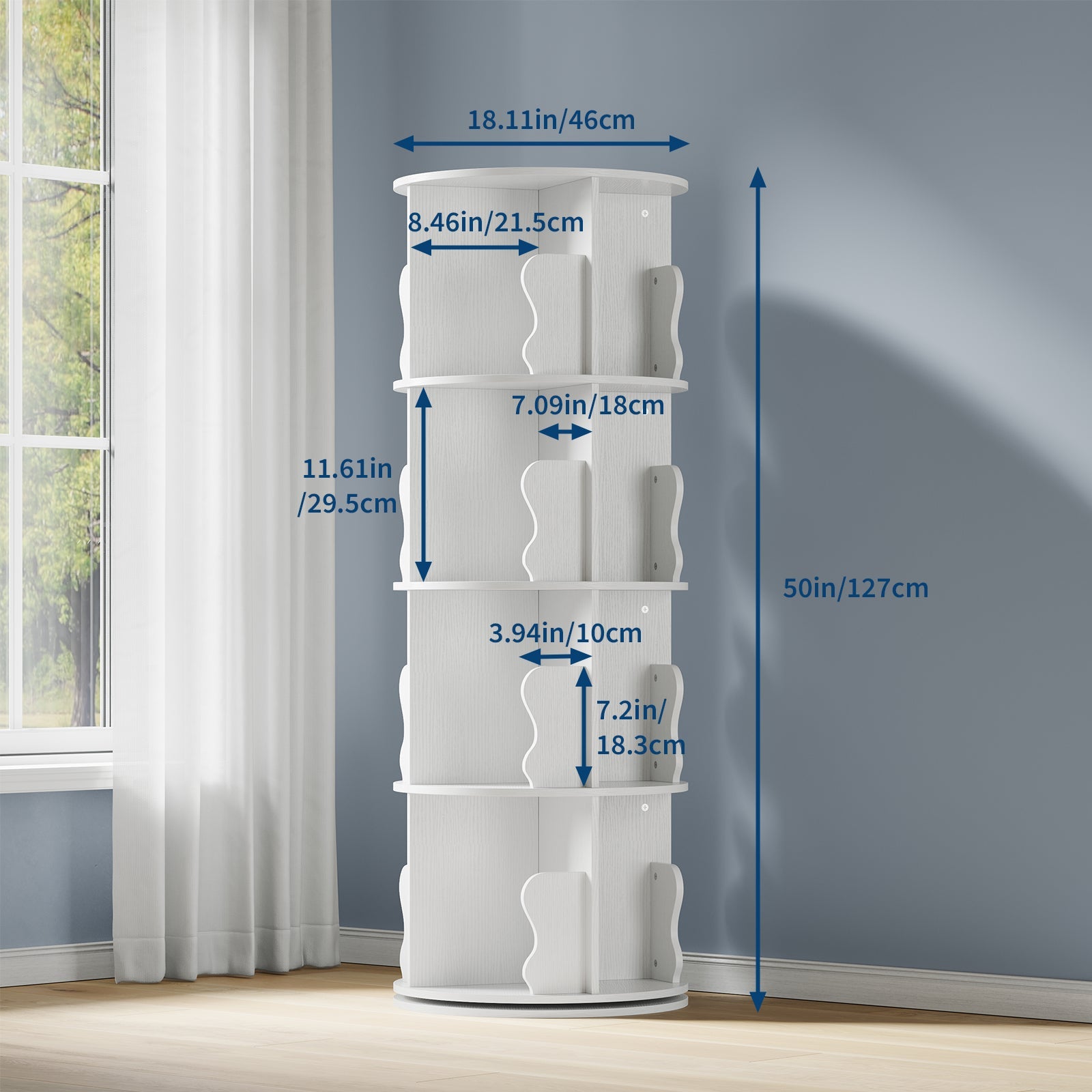 Libreria girevole a 4 ripiani Garvee realizzata in MDF P2 di alta qualità per soggiorno, ufficio, camera da letto, girevole a 360°, salvaspazio, 46,5 cm di profondità x 46,5 cm di larghezza x 137 cm di altezza.