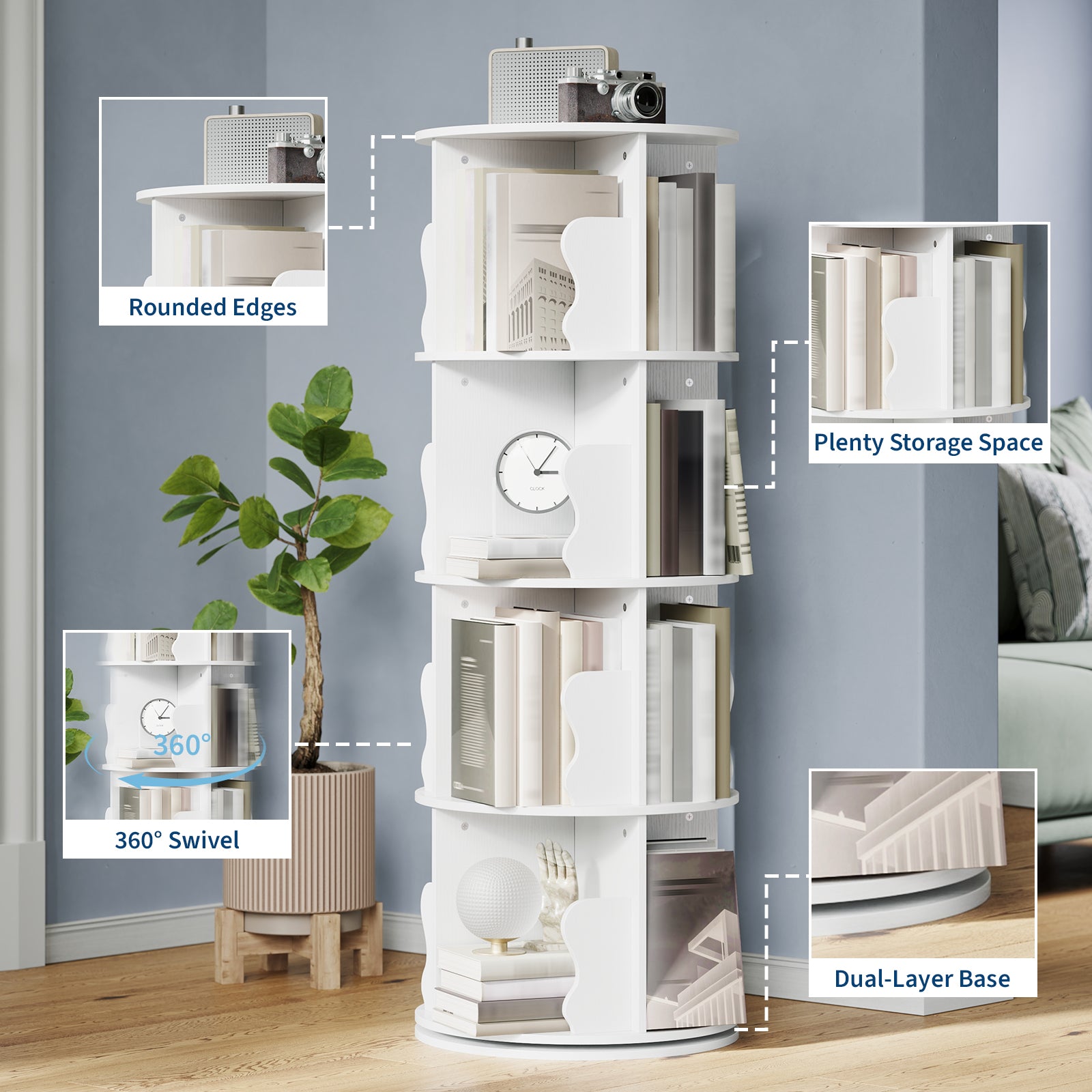 Libreria girevole a 4 ripiani Garvee realizzata in MDF P2 di alta qualità per soggiorno, ufficio, camera da letto, girevole a 360°, salvaspazio, 46,5 cm di profondità x 46,5 cm di larghezza x 137 cm di altezza.