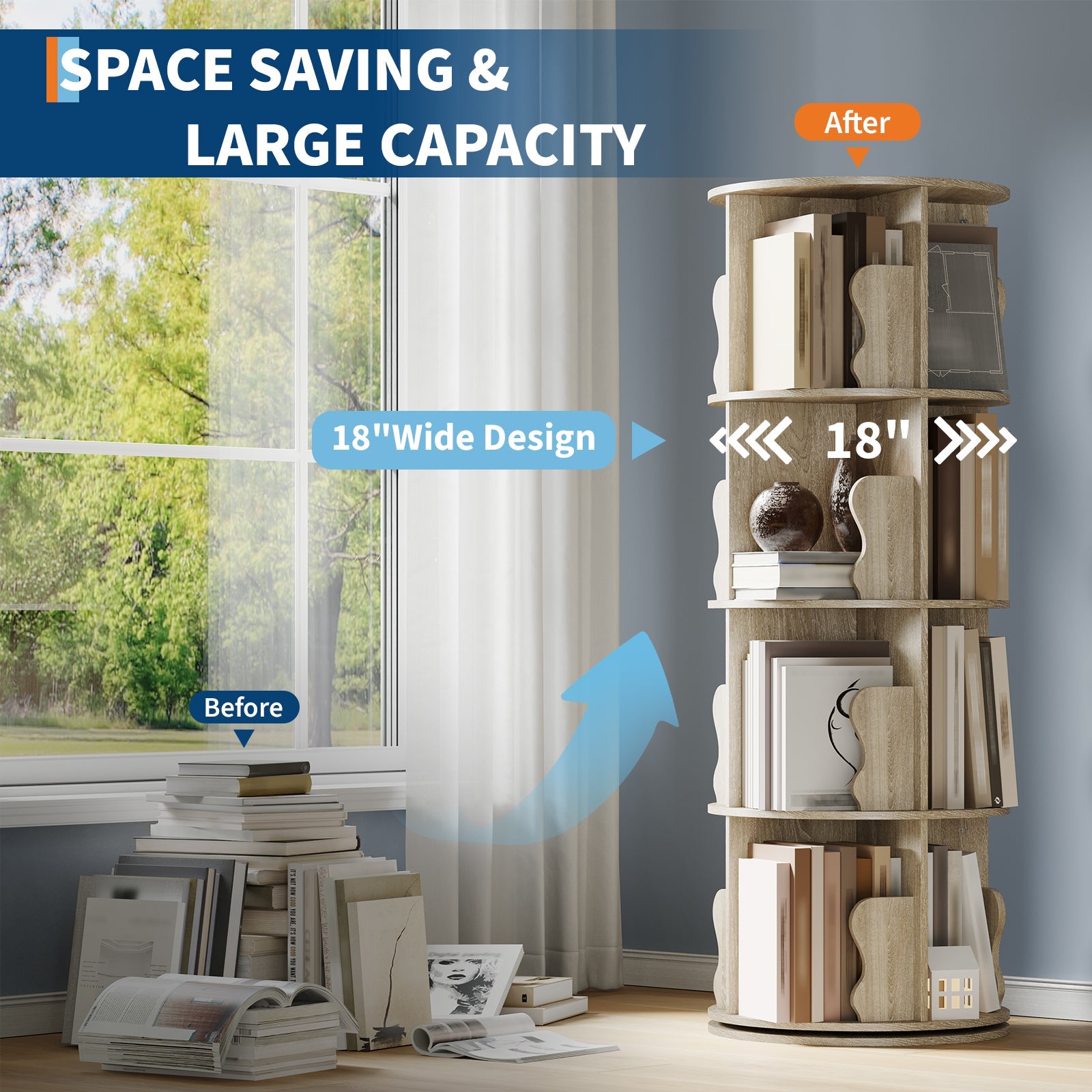 Libreria girevole a 4 ripiani Garvee, girevole a 360°, in MDF, robusta, salvaspazio, per soggiorno e ufficio, nera