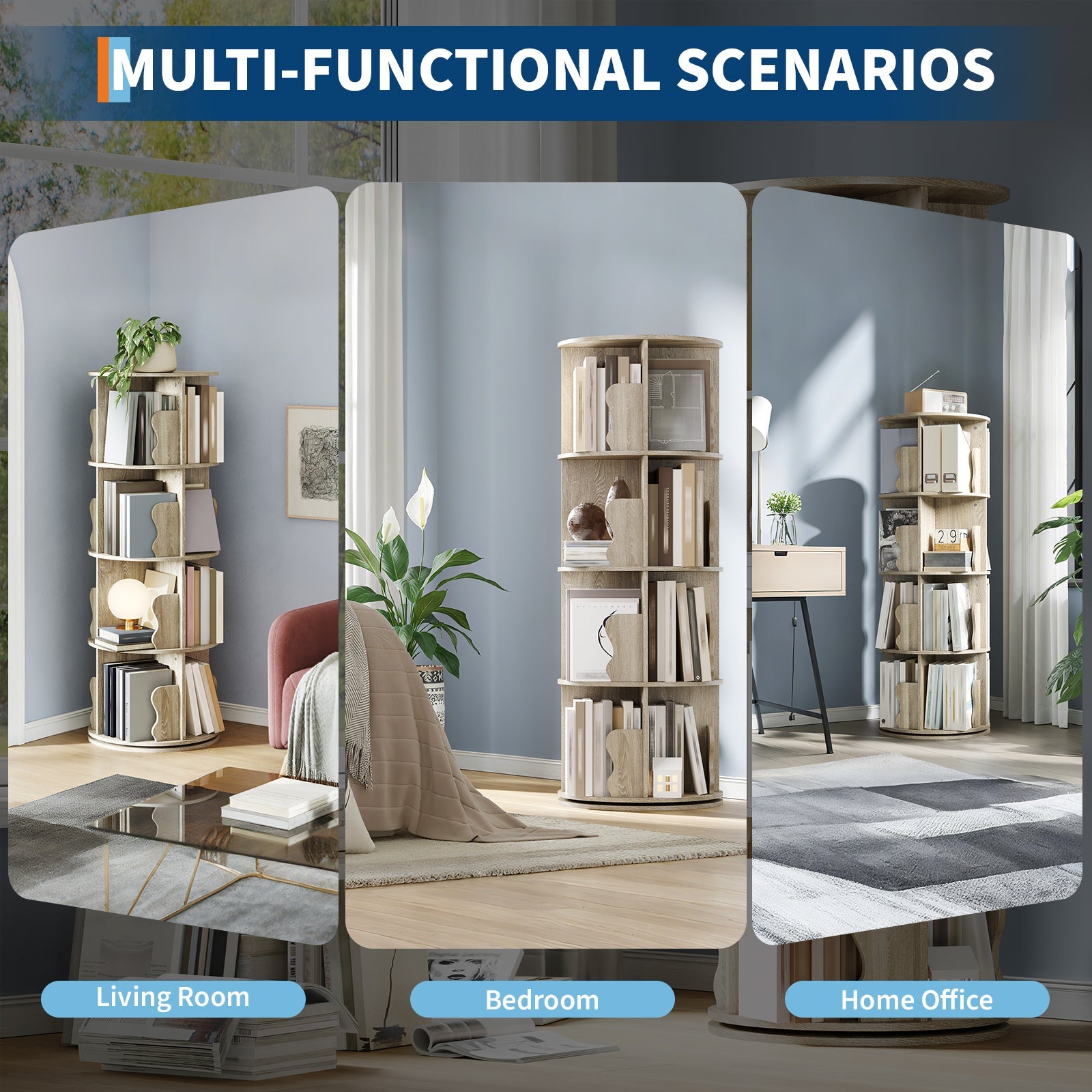 Libreria girevole a 4 ripiani Garvee, girevole a 360°, in MDF, robusta, salvaspazio, per soggiorno e ufficio, nera