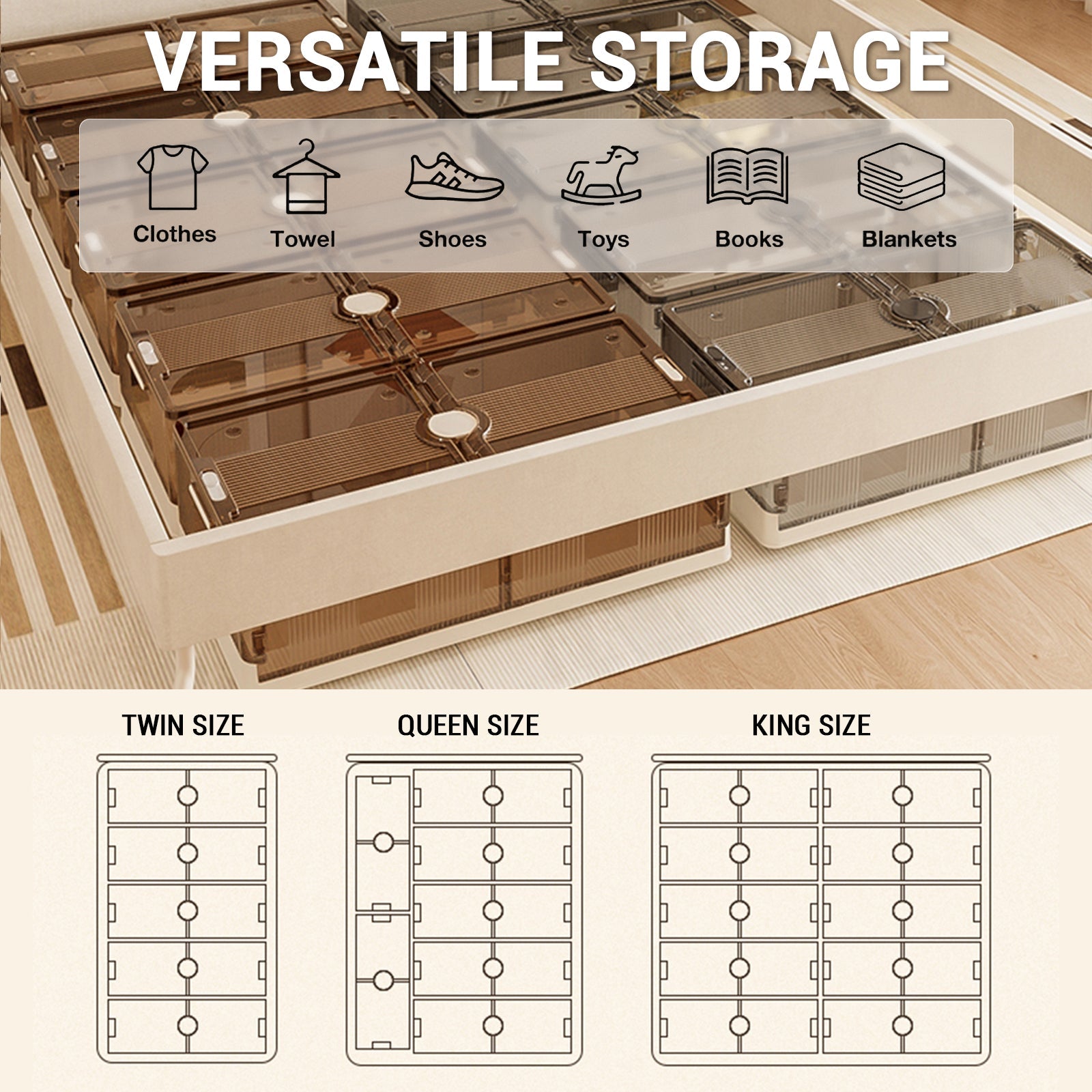 Contenitori portaoggetti sottoletto in plastica trasparente Garvee con ruote, pieghevoli, ampio spazio di archiviazione per camere da letto e piccoli spazi