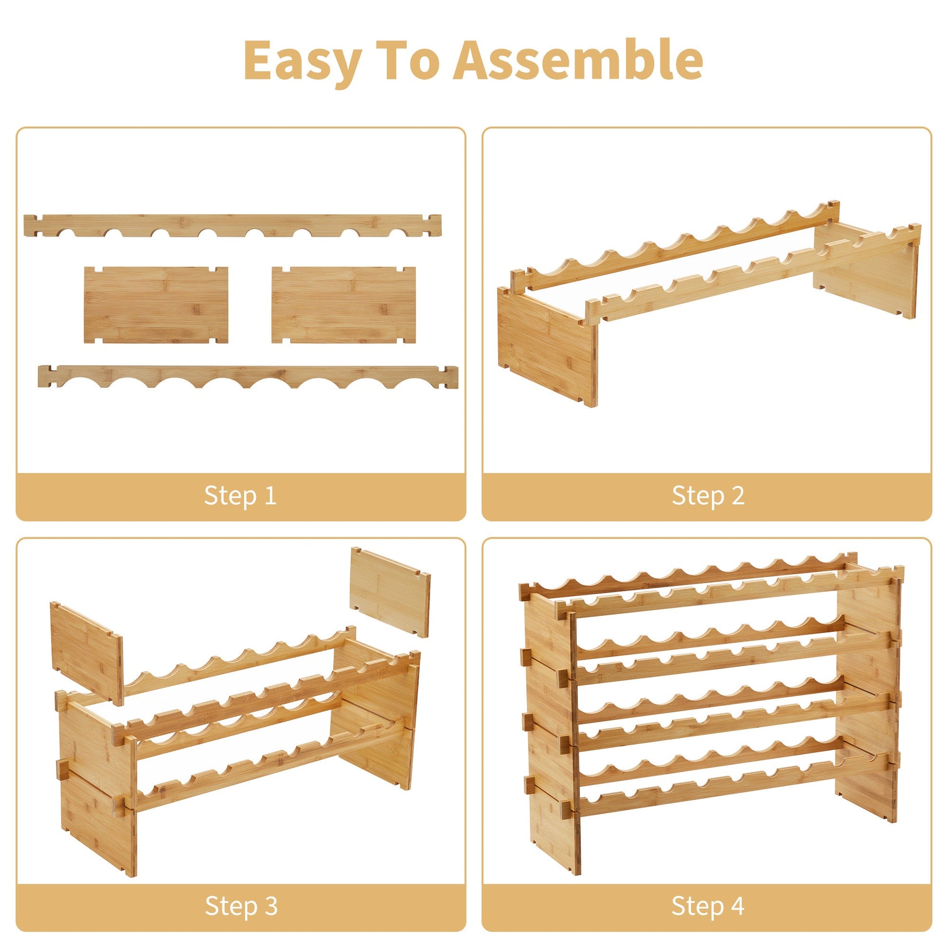 Portabottiglie Garvee da 36 bottiglie impilabile in legno massello per cucina e bar, 4 ripiani in legno naturale