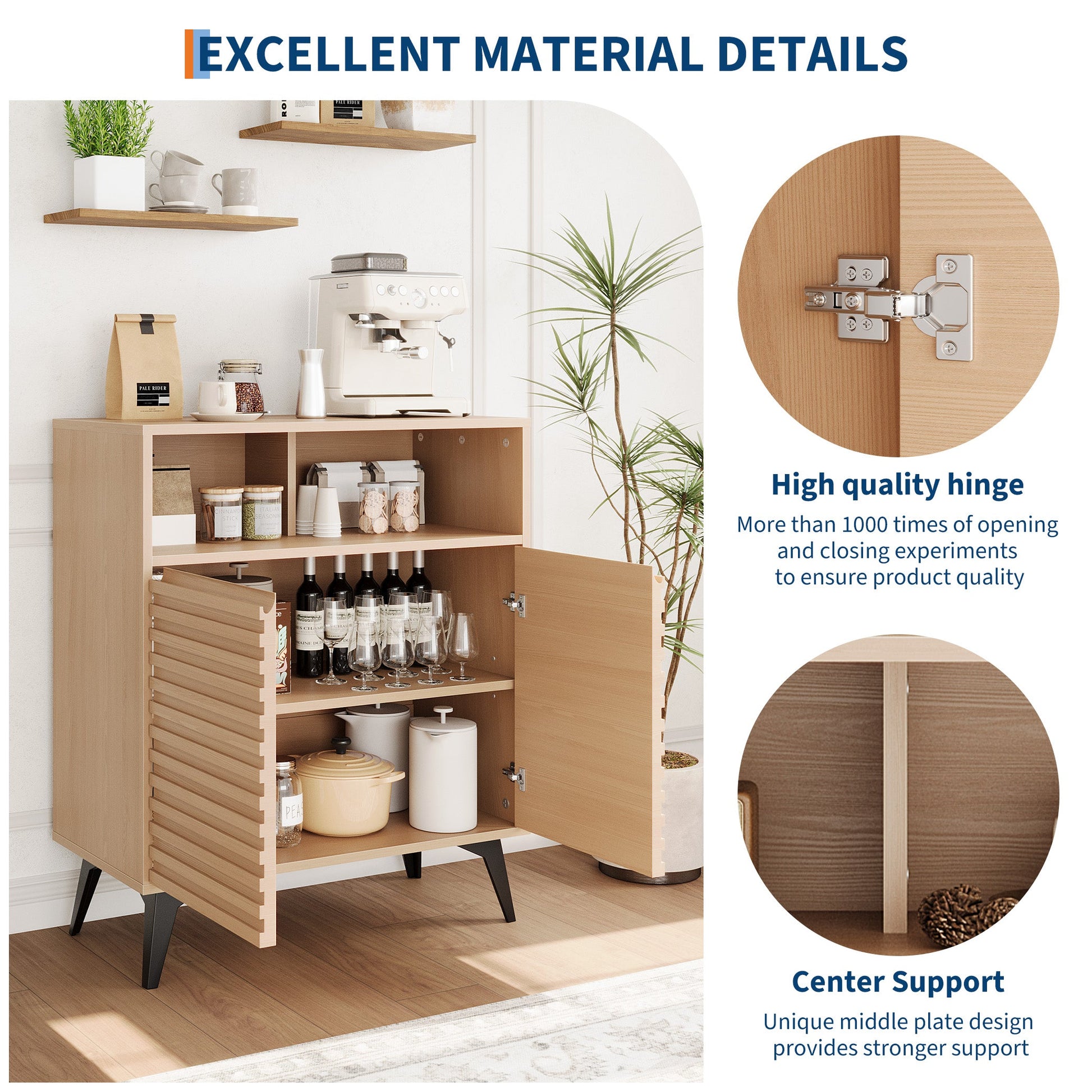 Credenza con ripiani regolabili Garvee Fluted Storage Cabinet, per soggiorno e cucina, gambe in legno pregiato 3D, struttura in metallo, nero