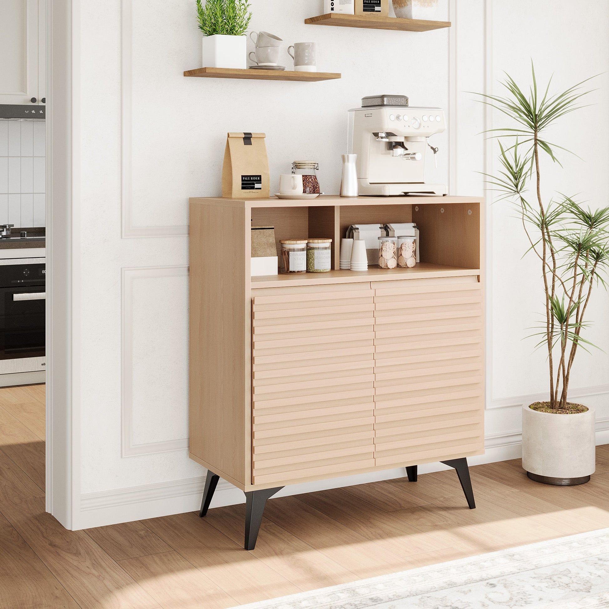 Credenza con ripiani regolabili Garvee Fluted Storage Cabinet, per soggiorno e cucina, gambe in legno pregiato 3D, struttura in metallo, nero