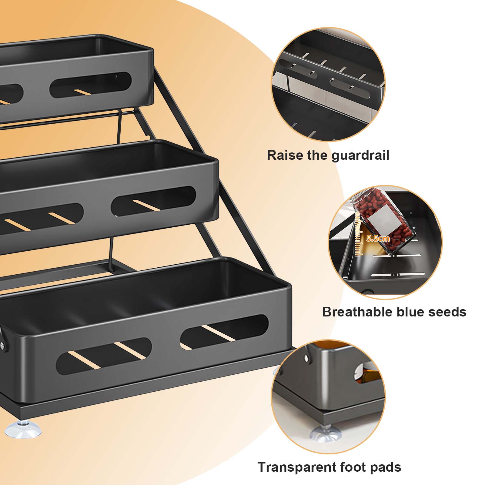 Porta spezie Garvee in acciaio al carbonio a 3 livelli con altezza regolabile da 10 a 10.8 pollici, nero, per ripiani della cucina