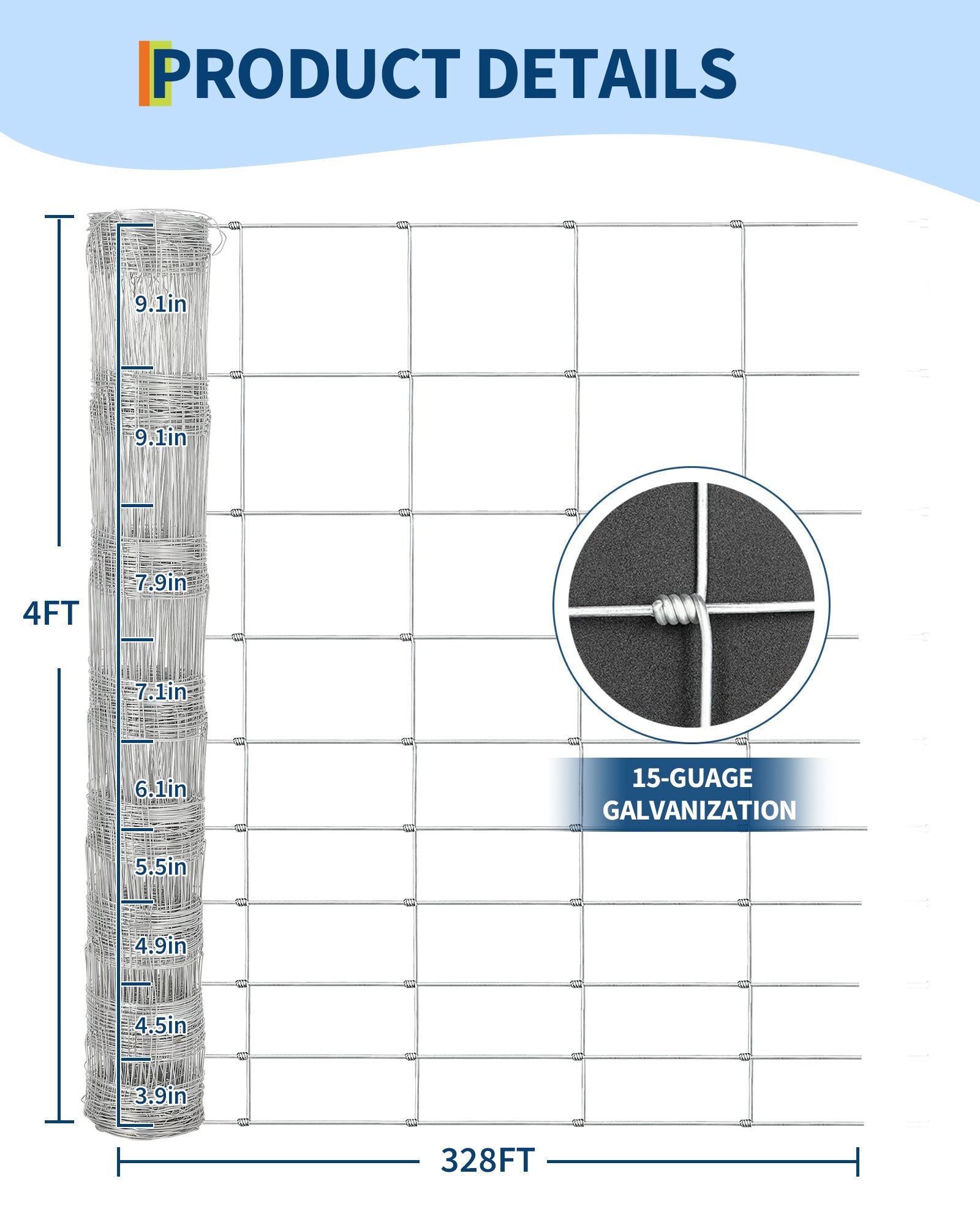 Recinzione per bovini Garvee 4FTx328FT 14GA in filo di acciaio zincato per bestiame e animali domestici, elevata resistenza alla corrosione, struttura stabile, rete metallica zincata