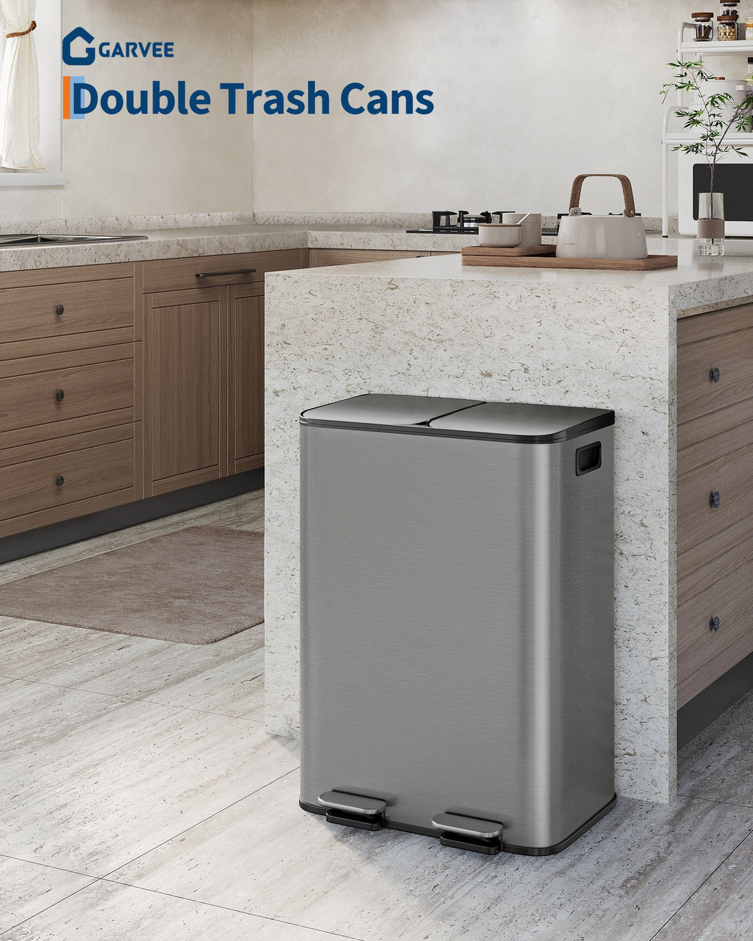 Pattumiera doppia Garvee da 2x8 galloni in acciaio inossidabile con coperchio per cucina e ufficio, grigio opaco, resistente e antigraffio, chiusura ammortizzata, compatta