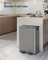 Pattumiera doppia Garvee da 2x8 galloni in acciaio inossidabile con coperchio per cucina e ufficio, grigio opaco, resistente e antigraffio, chiusura ammortizzata, compatta - grigio