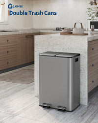 Pattumiera doppia Garvee da 2x8 galloni in acciaio inossidabile con coperchio per cucina e ufficio, grigio opaco, resistente e antigraffio, chiusura ammortizzata, compatta