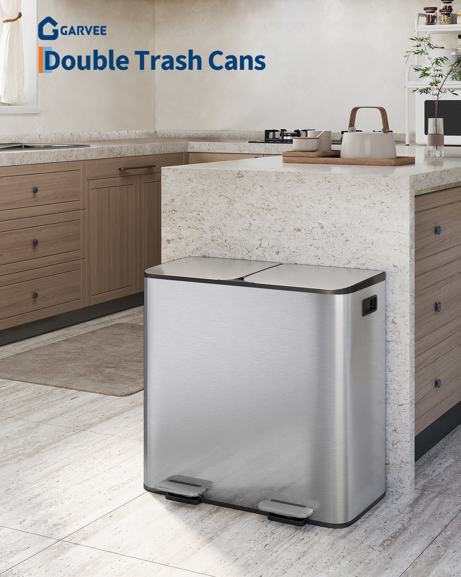 Pattumiera doppia Garvee in acciaio inox 2x10,6 galloni con coperchio e pedale per cucina e ufficio, 25,32x15,83x25,20 pollici, argento