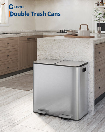Pattumiera doppia Garvee in acciaio inox 2x10,6 galloni con coperchio e pedale per cucina e ufficio, 25,32x15,83x25,20 pollici, argento