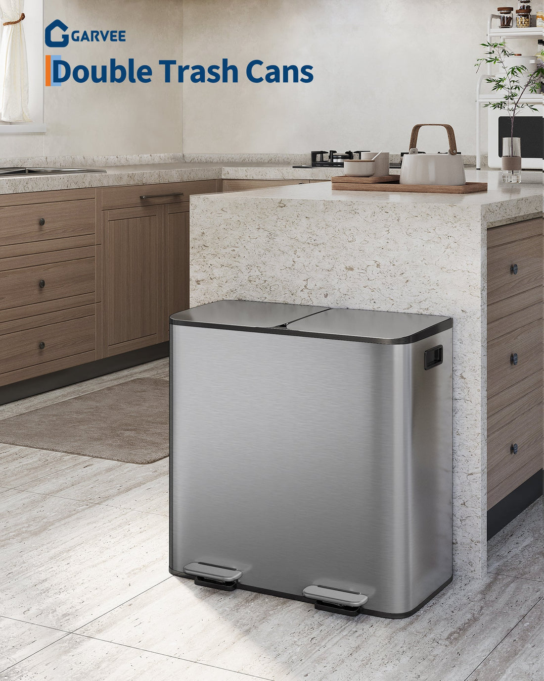 Pattumiera doppia Garvee in acciaio inox 2x10,6 galloni con coperchio e pedale per il riciclaggio in cucina, compatta, grigio opaco