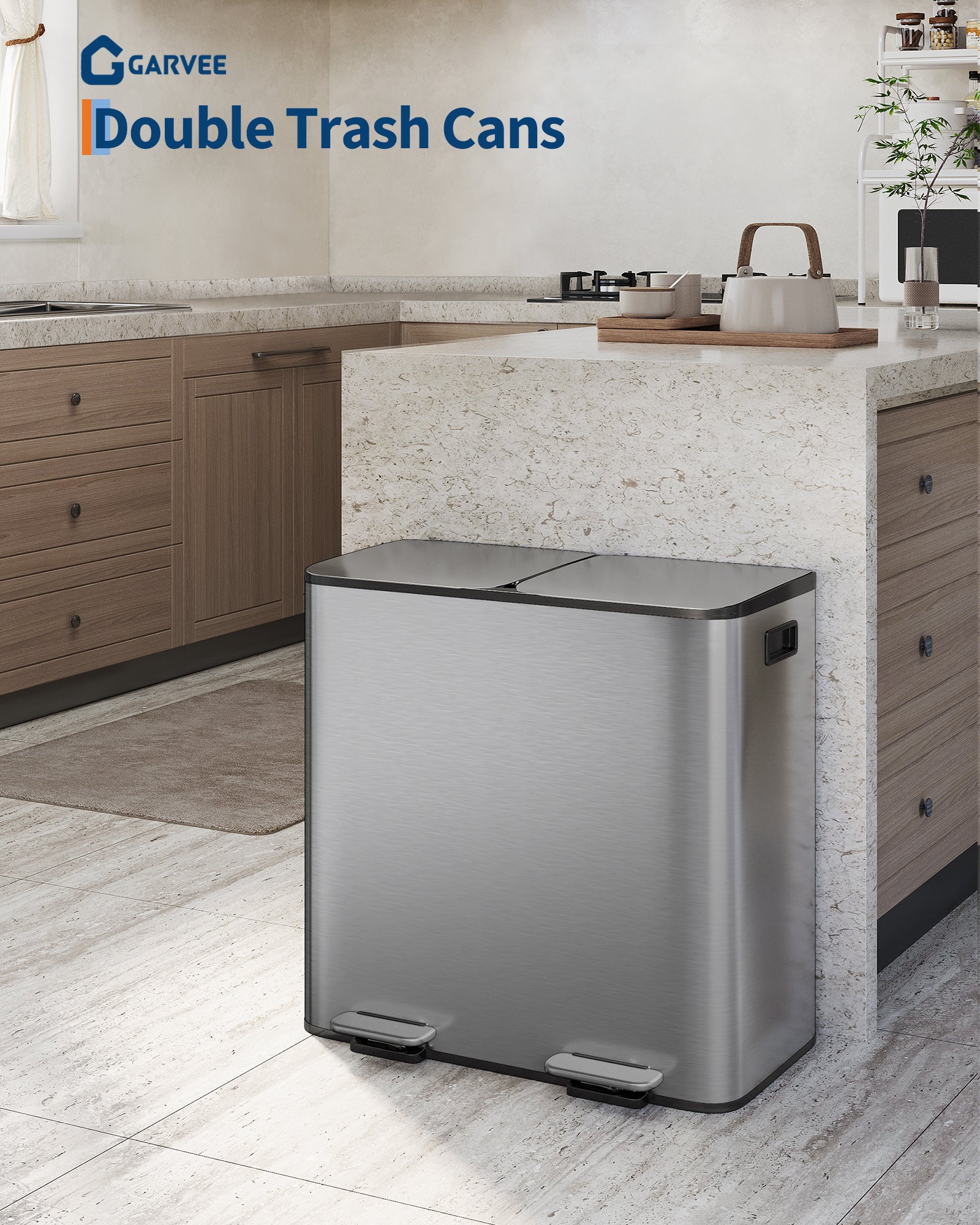 Pattumiera doppia Garvee in acciaio inox 2x10,6 galloni con coperchio e pedale per il riciclaggio in cucina, compatta, grigio opaco