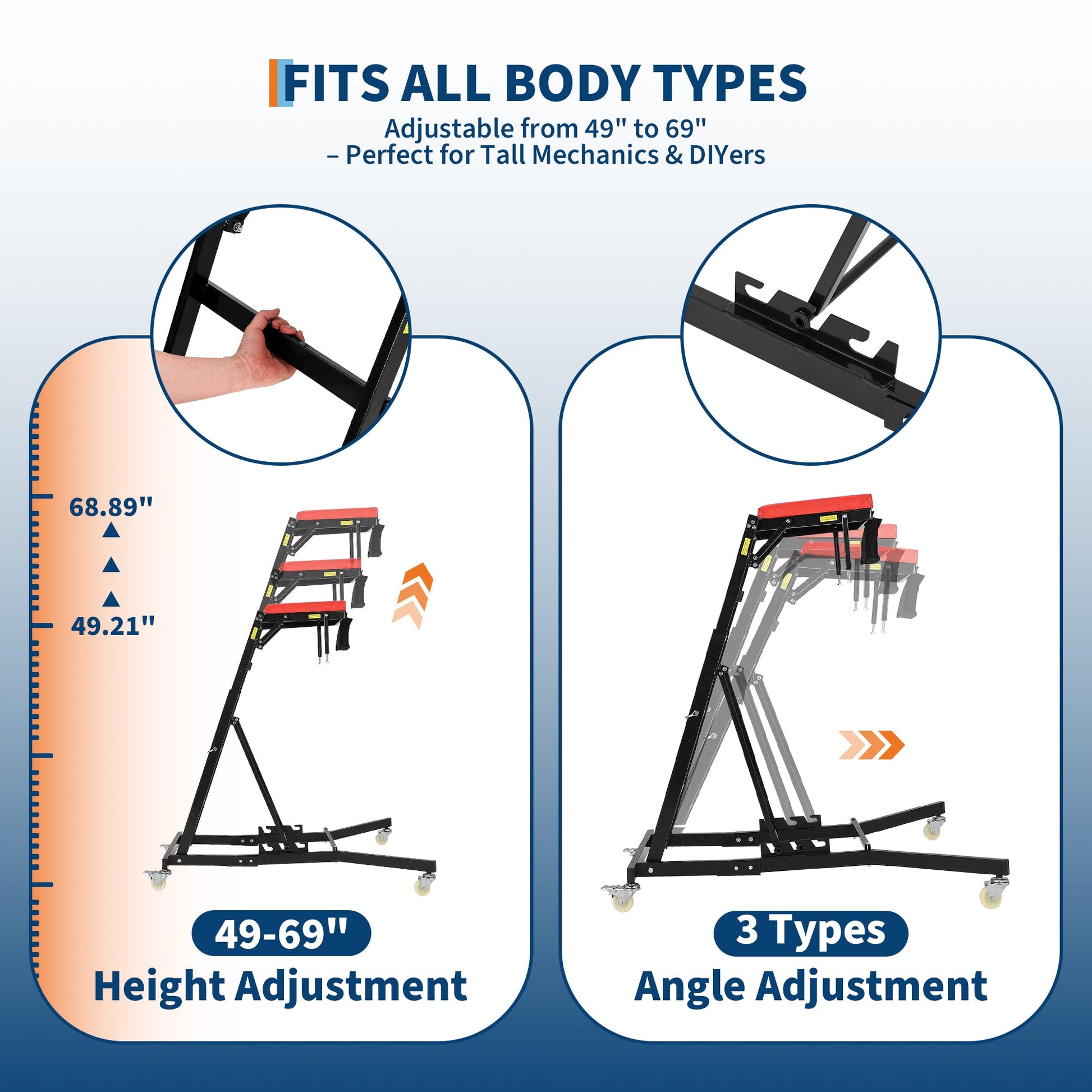Carrello per auto Garvee con capacità di carico di 400 libbre, regolabile, telaio in acciaio, imbottito, per ufficio e garage, nero