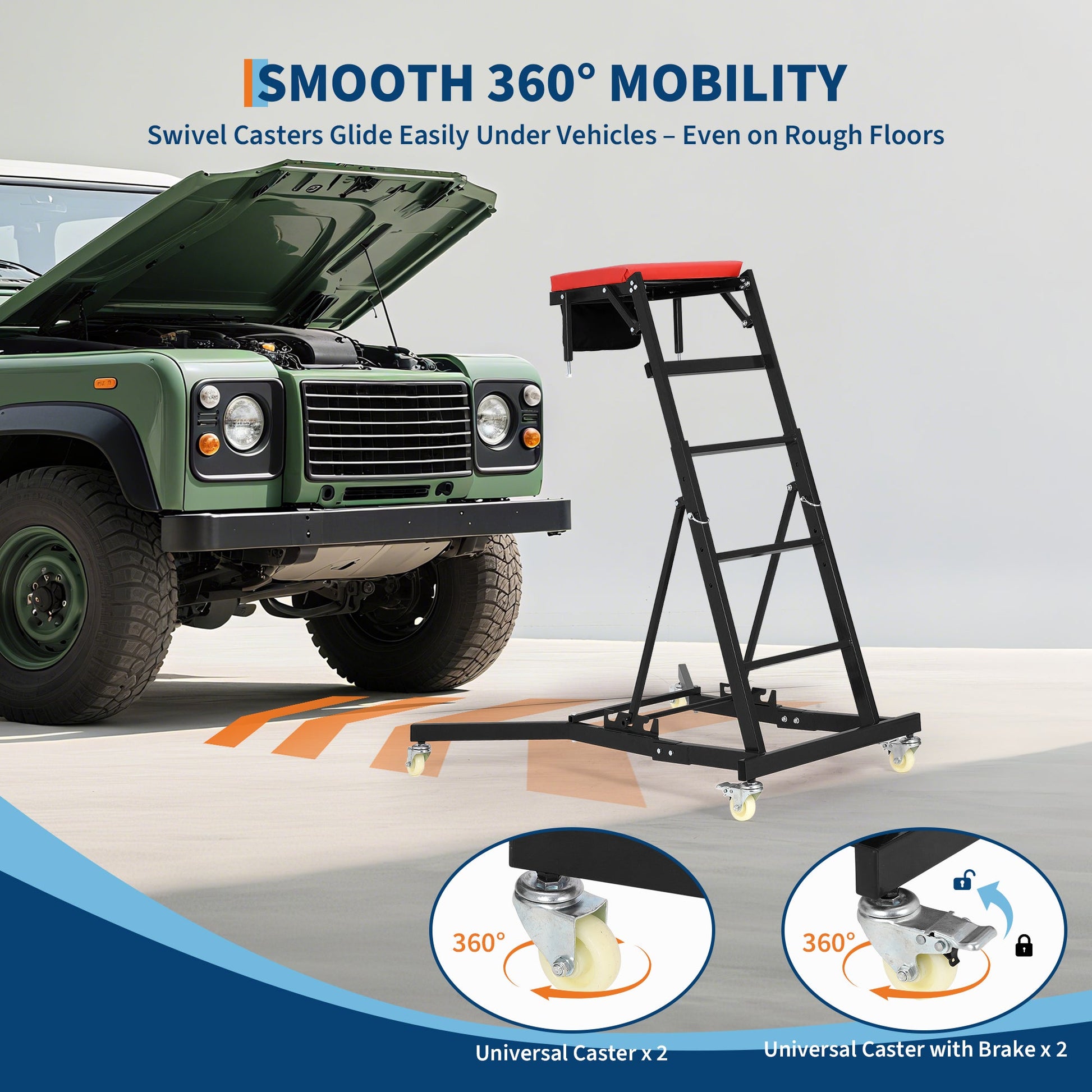 Carrello per auto Garvee con capacità di carico di 400 libbre, regolabile, telaio in acciaio, imbottito, per ufficio e garage, nero