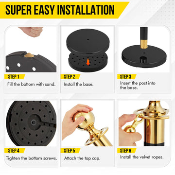 Garvee 3 pezzi di stecca con pali di sostegno e corda in velluto nero, barriera da 5 piedi, acciaio inossidabile, base appesantita, feste ed eventi, nero e oro