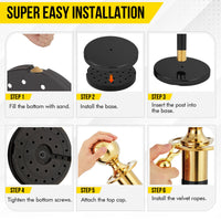 Garvee 4 pali di base con corda in velluto nero, acciaio inossidabile, 5 piedi neri, barriera per feste ed eventi