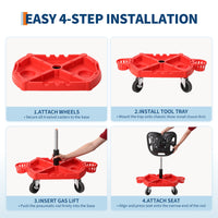 Sgabello da Meccanico con Ruote Garvee per Festa del Papà | 300 libbre, Altezza Regolabile 19-25", Seduta Ergonomica, Acciaio, Vassoio Utensili, Rosso Officina Auto