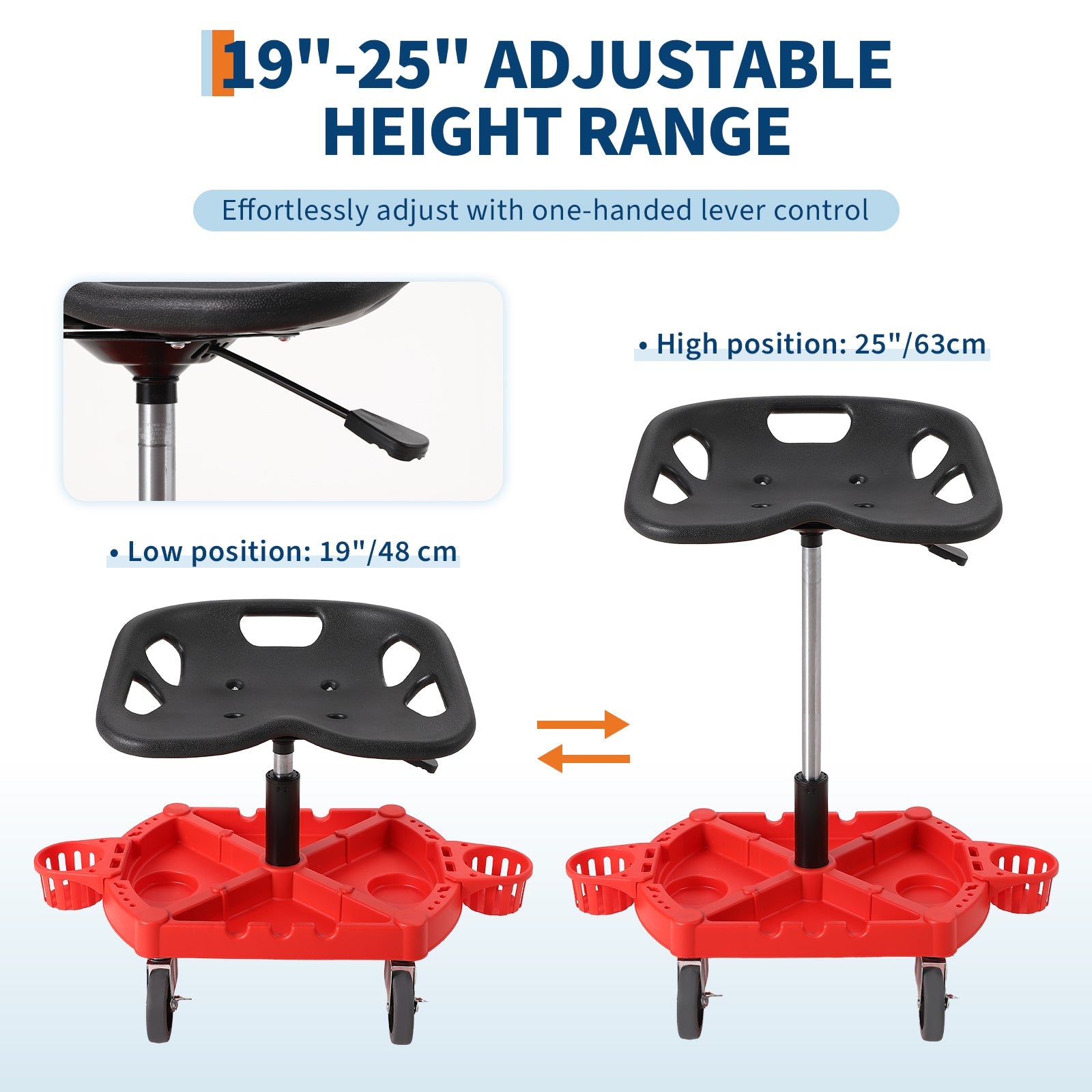 Sgabello da Meccanico con Ruote Garvee per Festa del Papà | 300 libbre, Altezza Regolabile 19-25", Seduta Ergonomica, Acciaio, Vassoio Utensili, Rosso Officina Auto