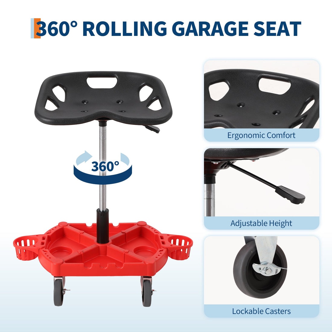 Sgabello da Meccanico con Ruote Garvee per Festa del Papà | 300 libbre, Altezza Regolabile 19-25", Seduta Ergonomica, Acciaio, Vassoio Utensili, Rosso Officina Auto